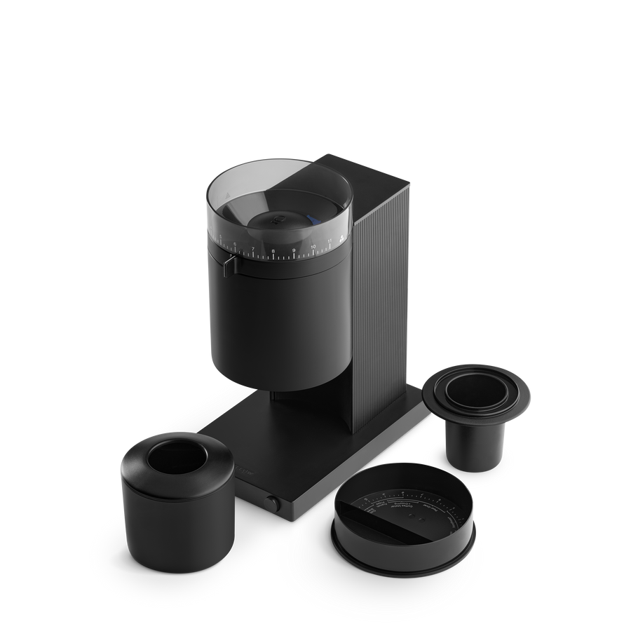 Fellow grinder opus black quarter view with accessories